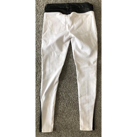 White Skinny Jeans with Black Faux Leather Trim - Picture 3 of 13